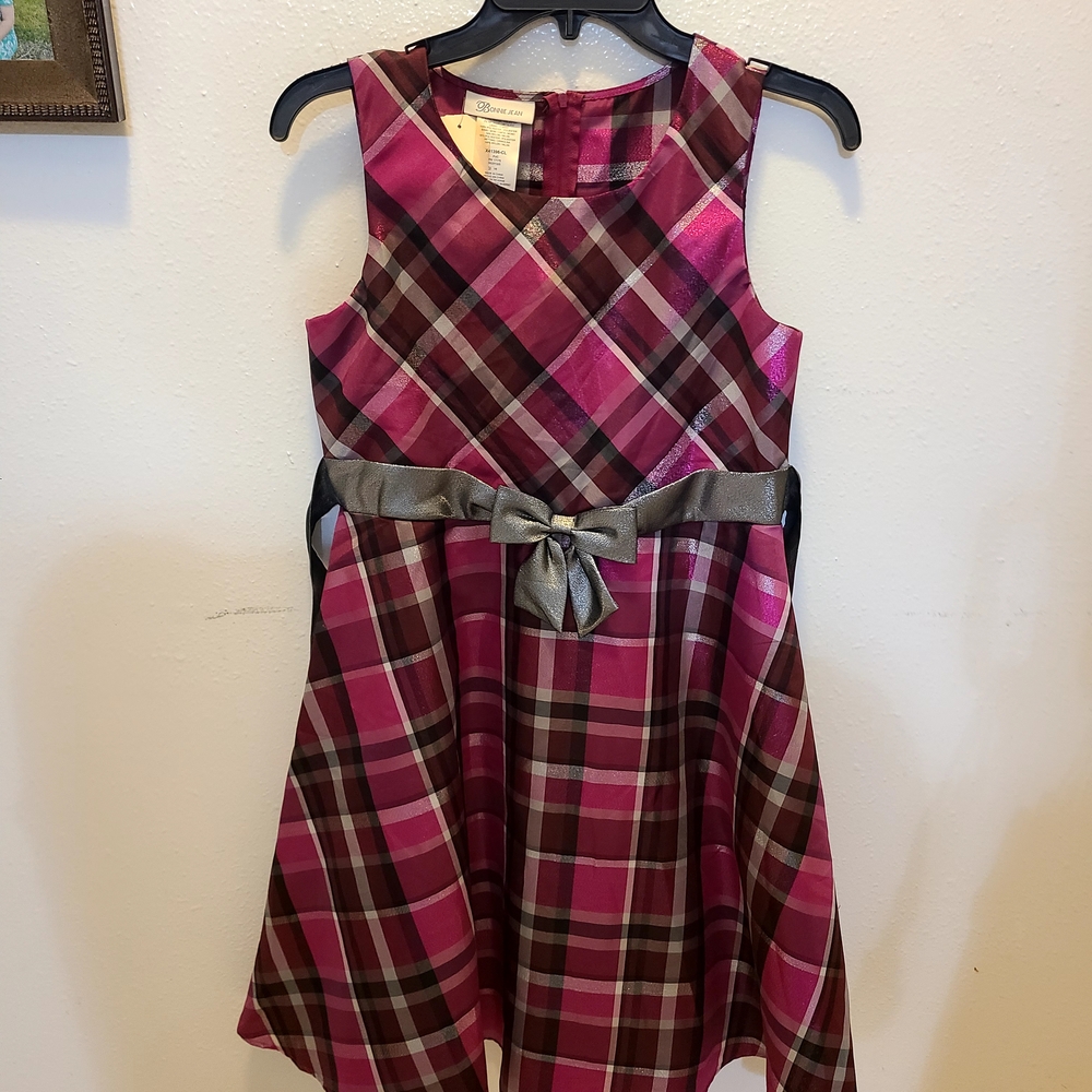 Bonnie Jean Pink and Brown Plaid Dress with Silver Bow